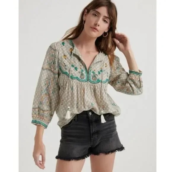 Lucky Brand Tops - Lucky Brand Evelyn Embroidered Peasant Bohemian Tassel Balloon Sleeve Top Sz L